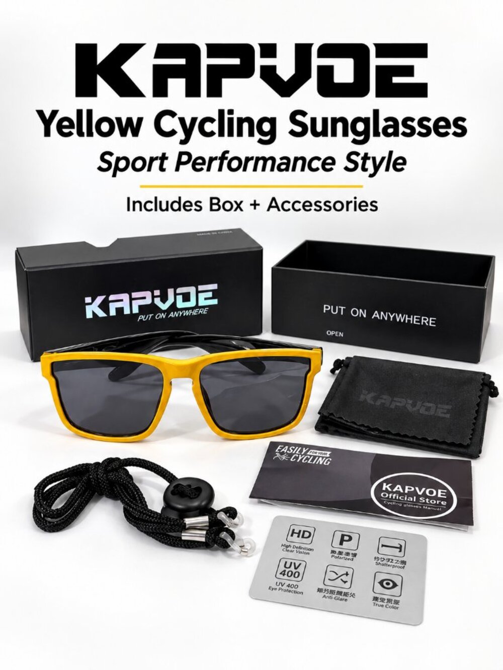 KAPVOE Yellow Cycling Sunglasses with Box & Accessories